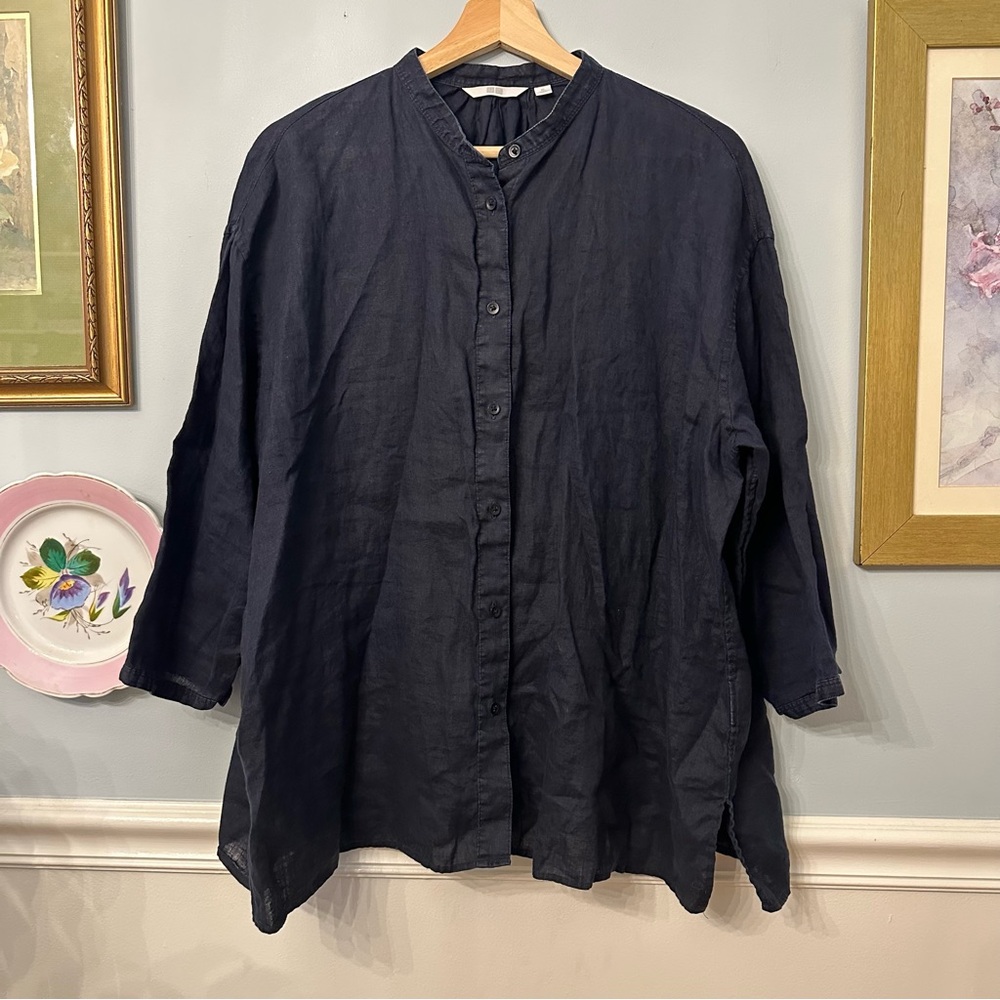 Uniqlo Womens 100% Line Shirt XL Navy Blue Button Up Minimalist Logenlook Travel